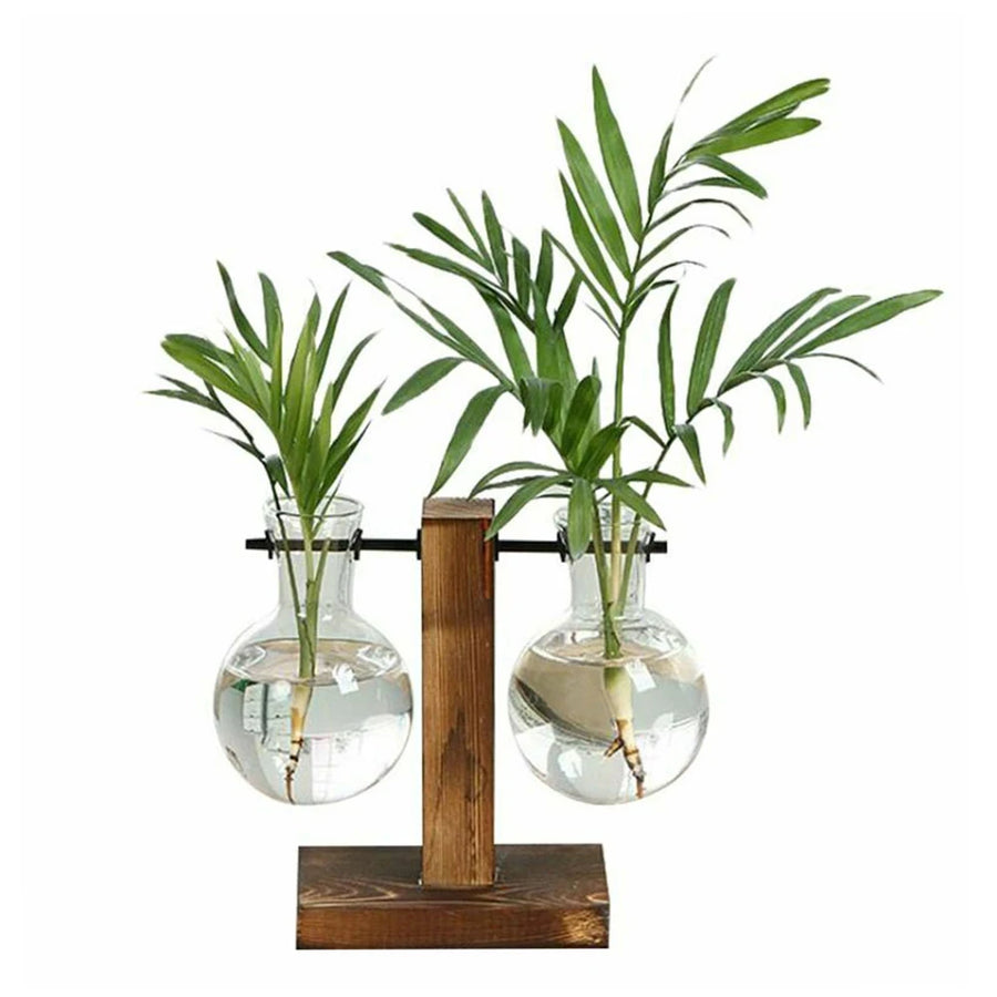 Ridgeline Bulb Vase Planter — glass vase in a solid wood stand